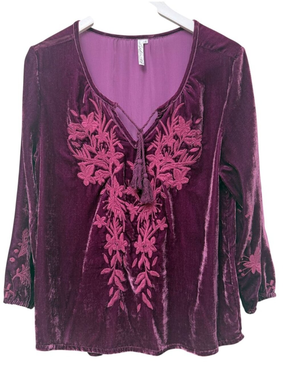 Lulu-B Velvet Embroidered Boho Top Small Purple Velvet Tassel Blouse